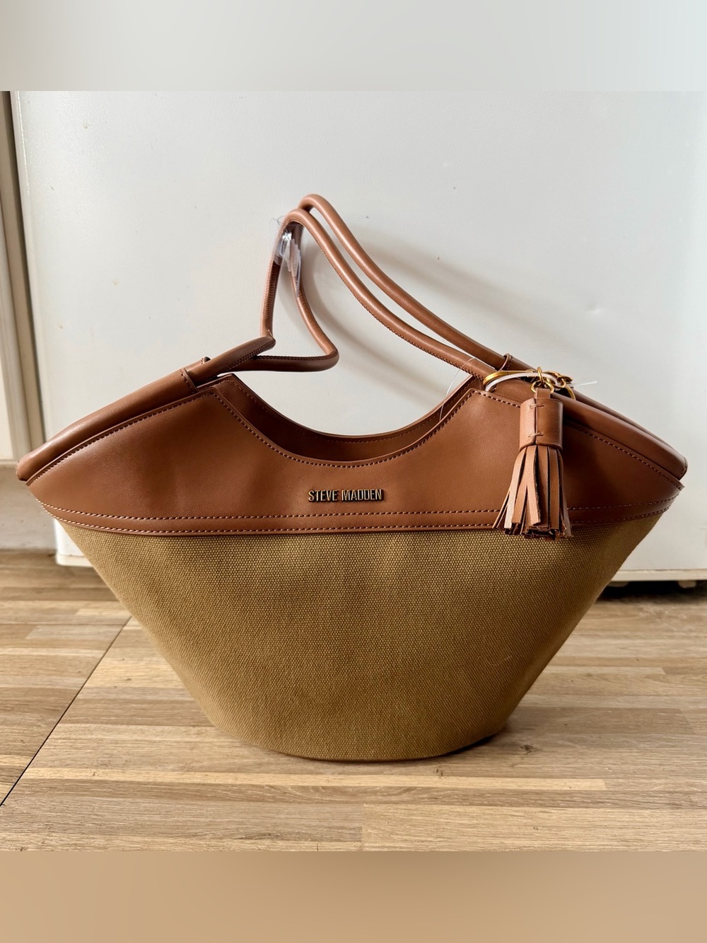 Steve Madden Women's Olive and Brown Canvas & Leather Shoulder Bag Tote, NWOT